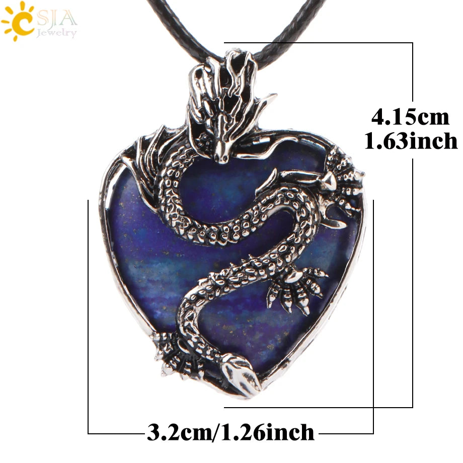 Double Dragon Necklace Natural Stone Heart Crystals in a variety to choose from, by CSJA Jewelry. Great for the Goth, Steampunk and Boho geeks or for those who simply love them.