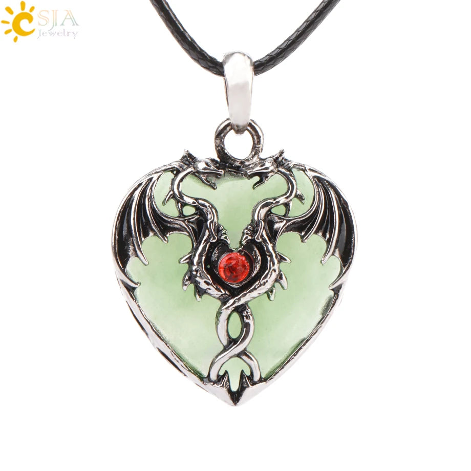 Double Dragon Necklace Natural Stone Heart Crystals in a variety to choose from, by CSJA Jewelry. Great for the Goth, Steampunk and Boho geeks or for those who simply love them.