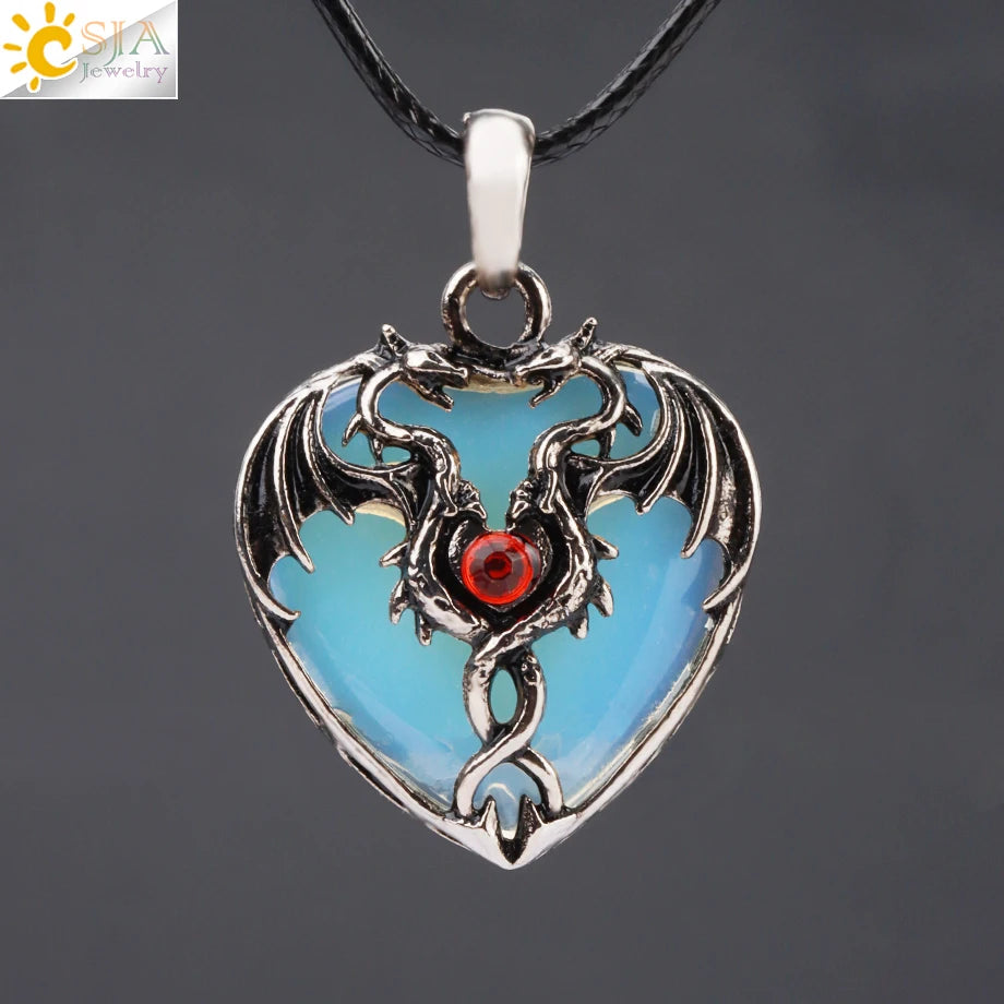 Double Dragon Necklace Natural Stone Heart Crystals in a variety to choose from, by CSJA Jewelry. Great for the Goth, Steampunk and Boho geeks or for those who simply love them.