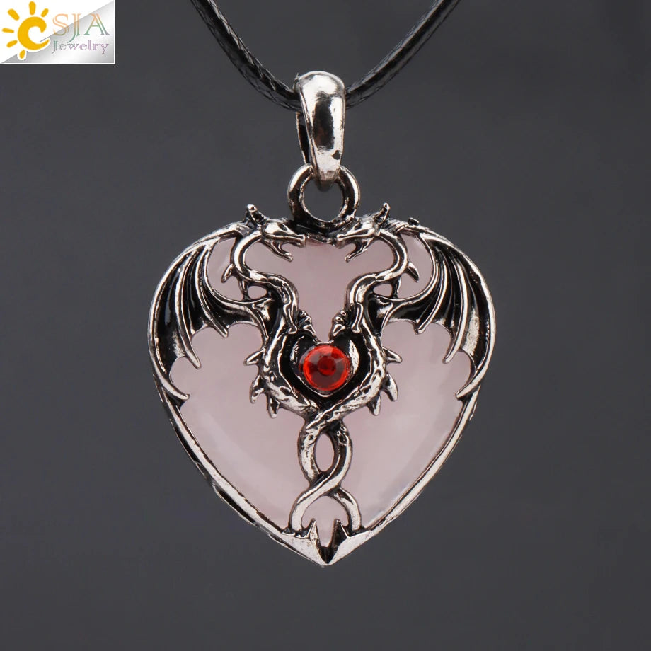 Double Dragon Necklace Natural Stone Heart Crystals in a variety to choose from, by CSJA Jewelry. Great for the Goth, Steampunk and Boho geeks or for those who simply love them.