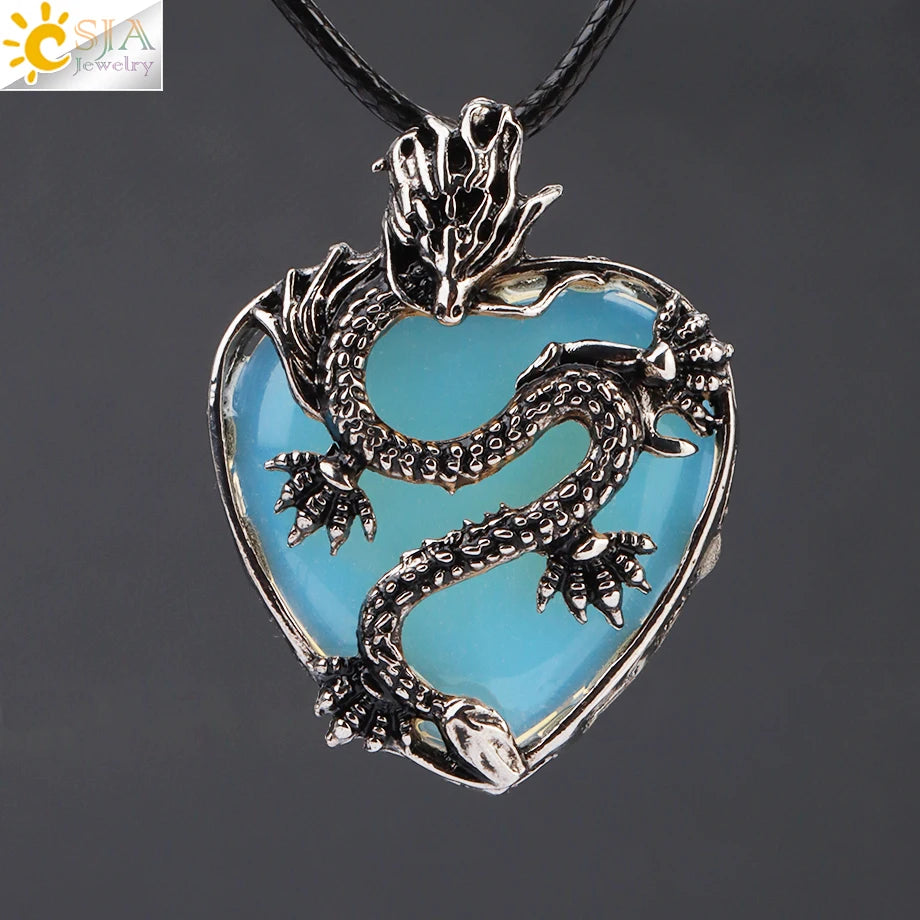 Double Dragon Necklace Natural Stone Heart Crystals in a variety to choose from, by CSJA Jewelry. Great for the Goth, Steampunk and Boho geeks or for those who simply love them.