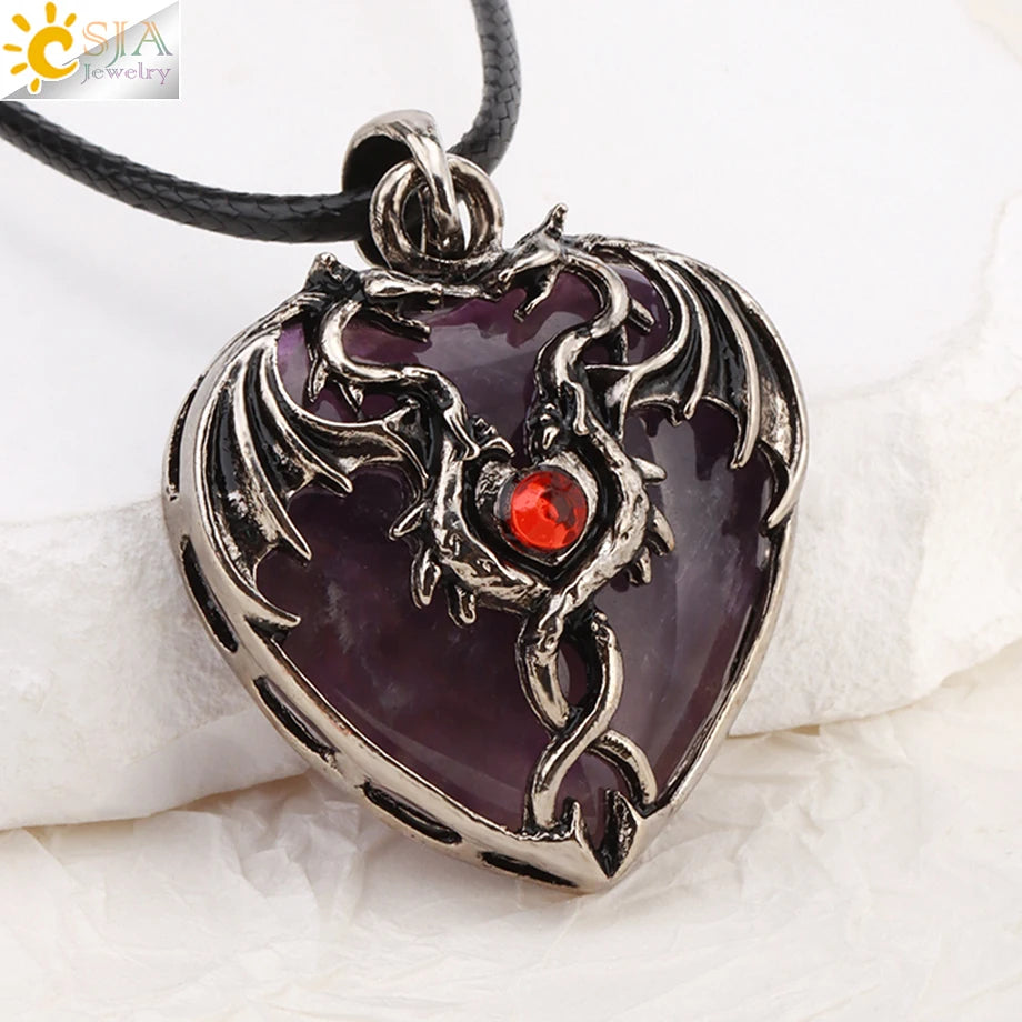 Double Dragon Necklace Natural Stone Heart Crystals in a variety to choose from, by CSJA Jewelry. Great for the Goth, Steampunk and Boho geeks or for those who simply love them.