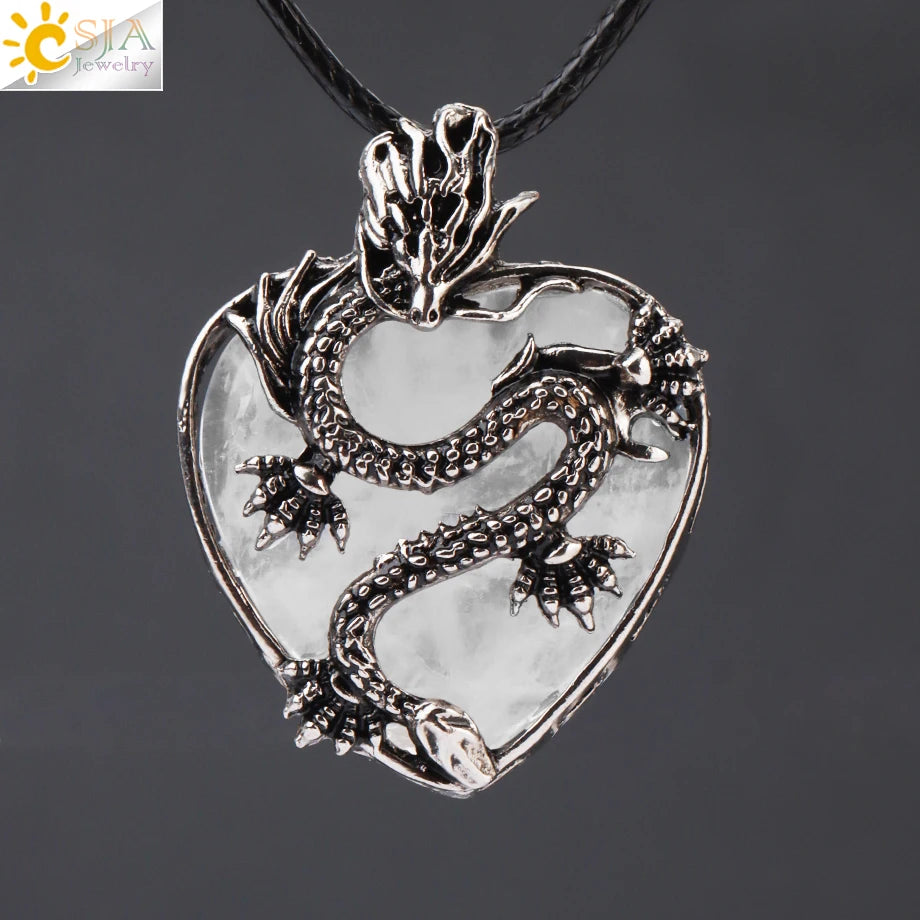 Double Dragon Necklace Natural Stone Heart Crystals in a variety to choose from, by CSJA Jewelry. Great for the Goth, Steampunk and Boho geeks or for those who simply love them.