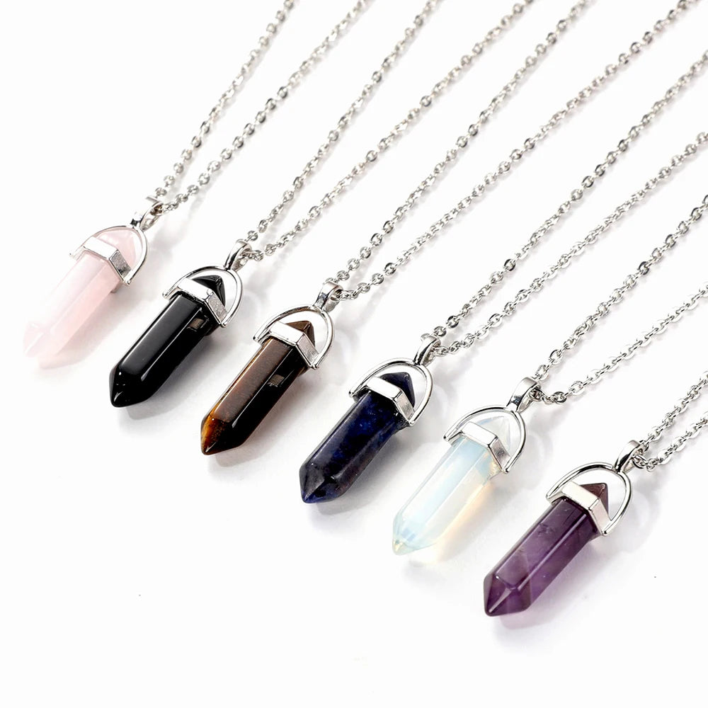 Hexagonal Rod Natural Stone or Synthetic Gemstone Chrystal Pendants. Lovely simple stone pendant for all types of geeks!