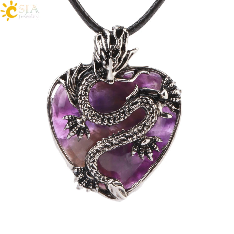 Double Dragon Necklace Natural Stone Heart Crystals in a variety to choose from, by CSJA Jewelry. Great for the Goth, Steampunk and Boho geeks or for those who simply love them.