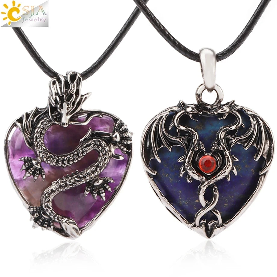 Double Dragon Necklace Natural Stone Heart Crystals in a variety to choose from, by CSJA Jewelry. Great for the Goth, Steampunk and Boho geeks or for those who simply love them.