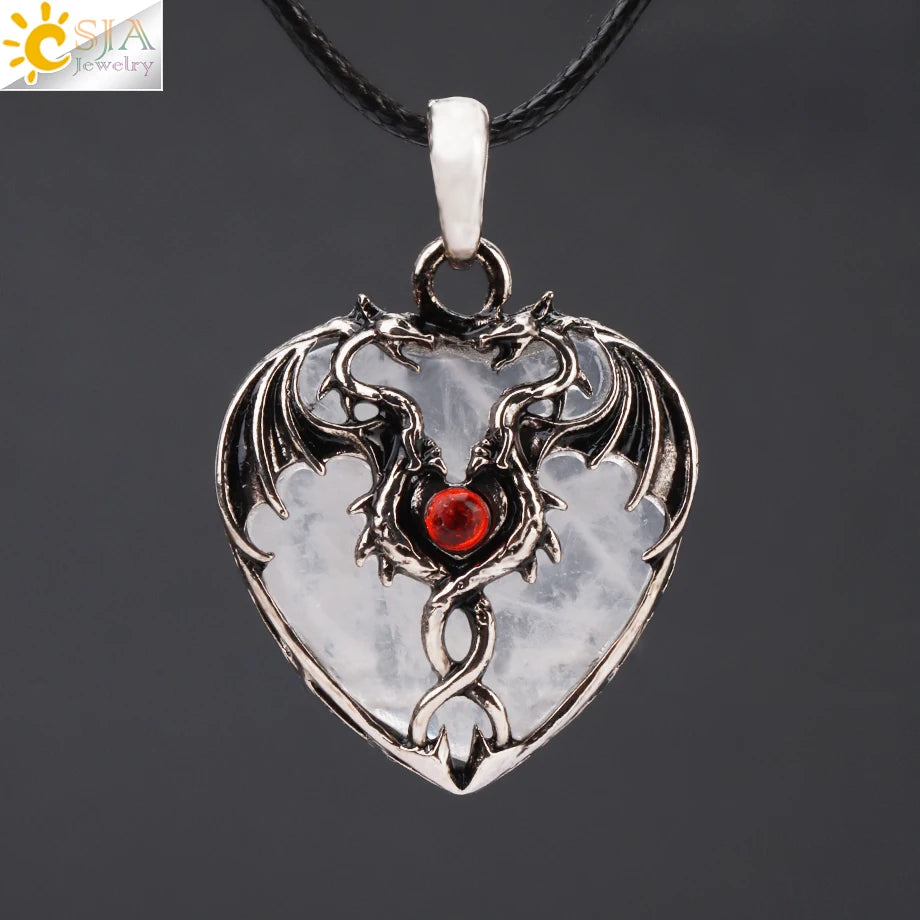 Double Dragon Necklace Natural Stone Heart Crystals in a variety to choose from, by CSJA Jewelry. Great for the Goth, Steampunk and Boho geeks or for those who simply love them.