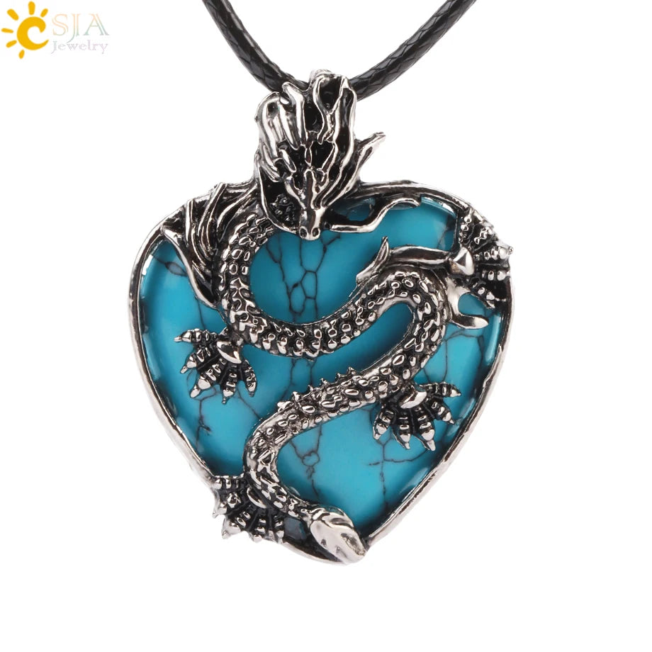 Double Dragon Necklace Natural Stone Heart Crystals in a variety to choose from, by CSJA Jewelry. Great for the Goth, Steampunk and Boho geeks or for those who simply love them.