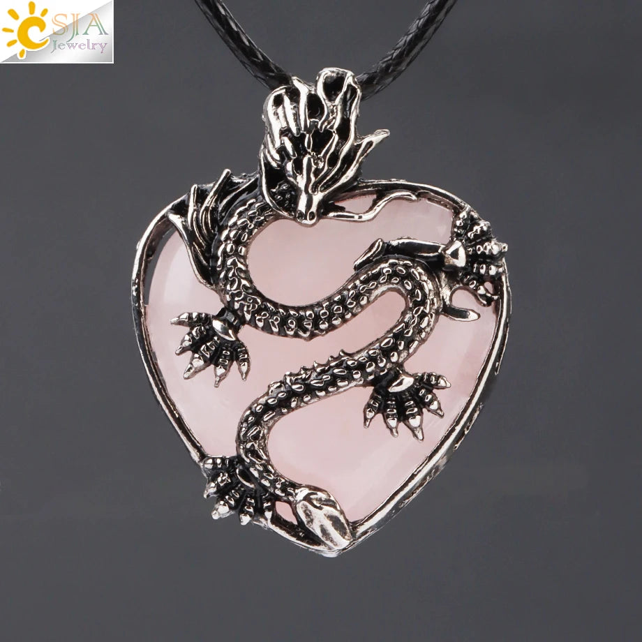 Double Dragon Necklace Natural Stone Heart Crystals in a variety to choose from, by CSJA Jewelry. Great for the Goth, Steampunk and Boho geeks or for those who simply love them.