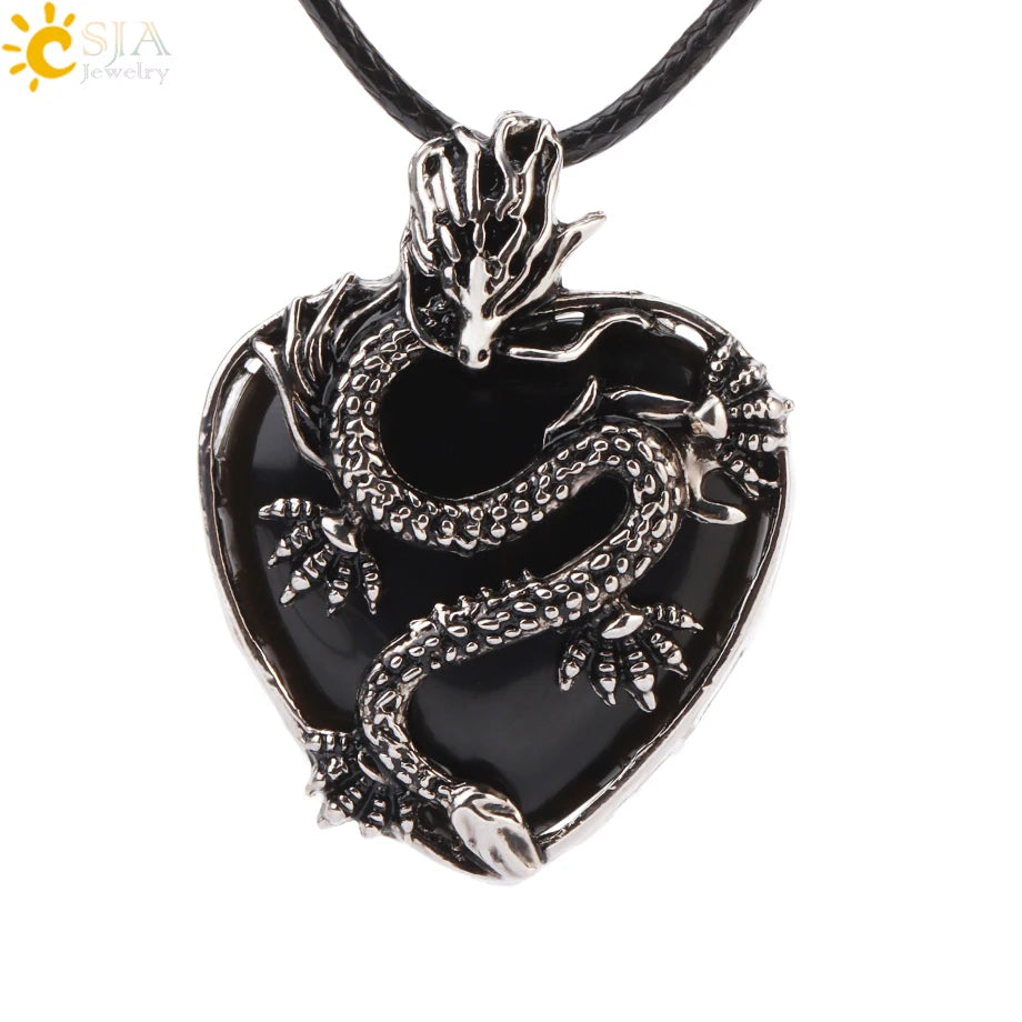 Double Dragon Necklace Natural Stone Heart Crystals in a variety to choose from, by CSJA Jewelry. Great for the Goth, Steampunk and Boho geeks or for those who simply love them.