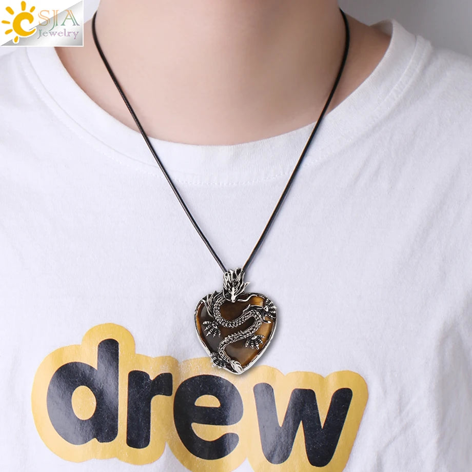 Double Dragon Necklace Natural Stone Heart Crystals in a variety to choose from, by CSJA Jewelry. Great for the Goth, Steampunk and Boho geeks or for those who simply love them.