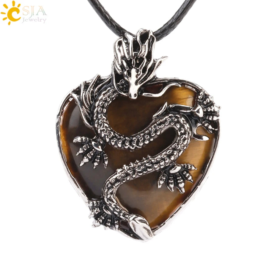 Double Dragon Necklace Natural Stone Heart Crystals in a variety to choose from, by CSJA Jewelry. Great for the Goth, Steampunk and Boho geeks or for those who simply love them.