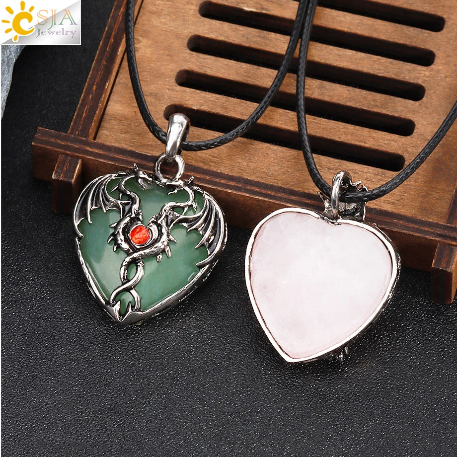 Double Dragon Necklace Natural Stone Heart Crystals in a variety to choose from, by CSJA Jewelry. Great for the Goth, Steampunk and Boho geeks or for those who simply love them.