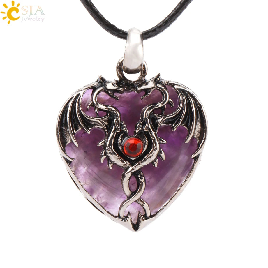 Double Dragon Necklace Natural Stone Heart Crystals in a variety to choose from, by CSJA Jewelry. Great for the Goth, Steampunk and Boho geeks or for those who simply love them.