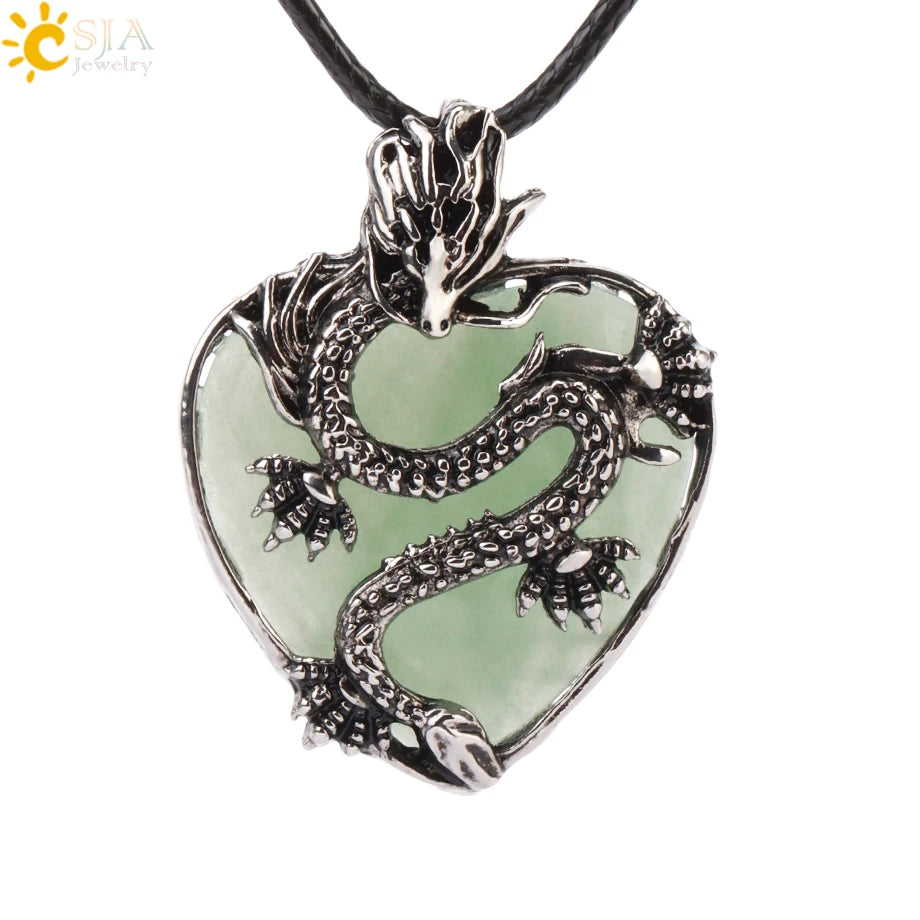 Double Dragon Necklace Natural Stone Heart Crystals in a variety to choose from, by CSJA Jewelry. Great for the Goth, Steampunk and Boho geeks or for those who simply love them.