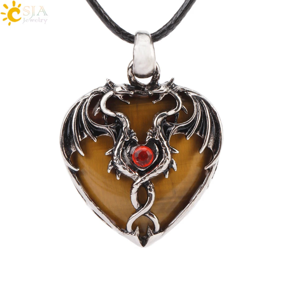 Double Dragon Necklace Natural Stone Heart Crystals in a variety to choose from, by CSJA Jewelry. Great for the Goth, Steampunk and Boho geeks or for those who simply love them.