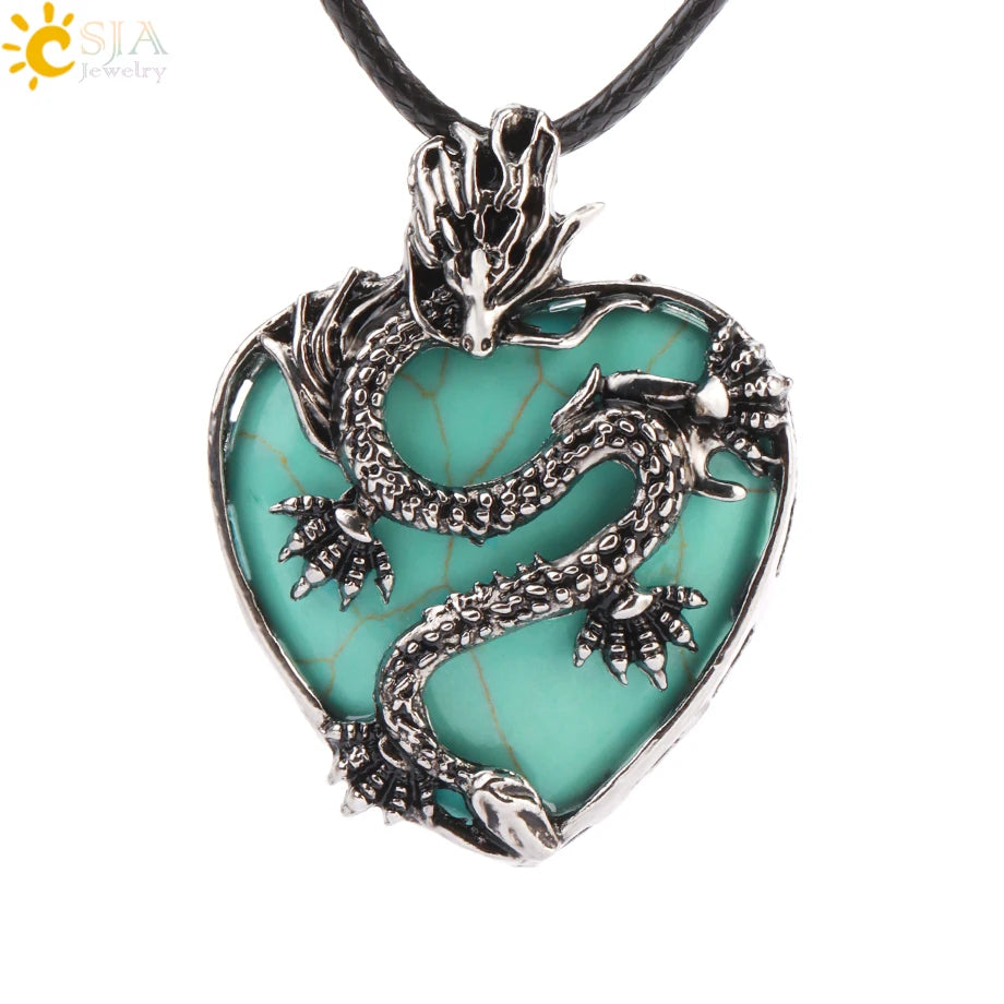 Double Dragon Necklace Natural Stone Heart Crystals in a variety to choose from, by CSJA Jewelry. Great for the Goth, Steampunk and Boho geeks or for those who simply love them.