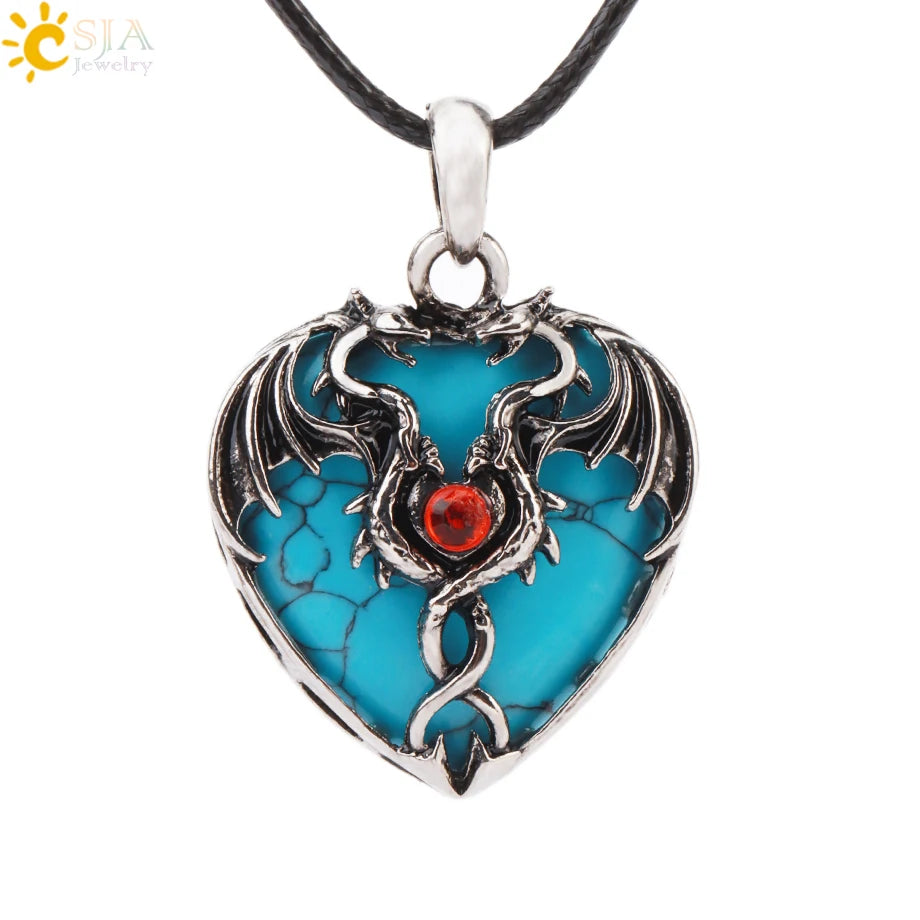 Double Dragon Necklace Natural Stone Heart Crystals in a variety to choose from, by CSJA Jewelry. Great for the Goth, Steampunk and Boho geeks or for those who simply love them.