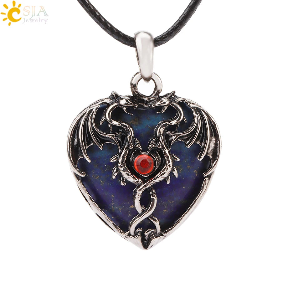 Double Dragon Necklace Natural Stone Heart Crystals in a variety to choose from, by CSJA Jewelry. Great for the Goth, Steampunk and Boho geeks or for those who simply love them.