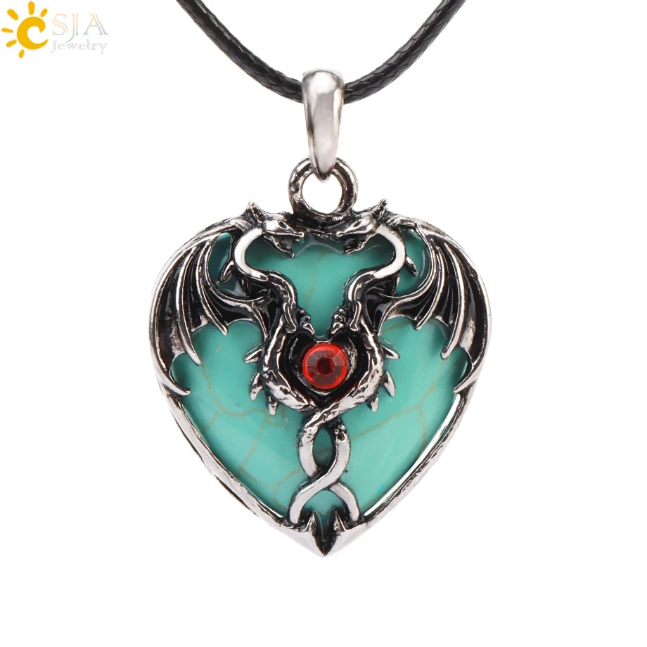 Double Dragon Necklace Natural Stone Heart Crystals in a variety to choose from, by CSJA Jewelry. Great for the Goth, Steampunk and Boho geeks or for those who simply love them.