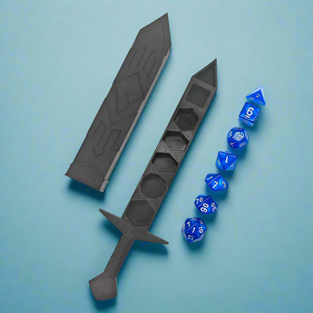Black word with blue dice on a blue background