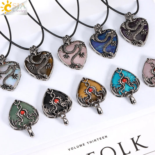 Double Dragon Necklace Natural Stone Heart Crystals in a variety to choose from, by CSJA Jewelry. Great for the Goth, Steampunk and Boho geeks or for those who simply love them.